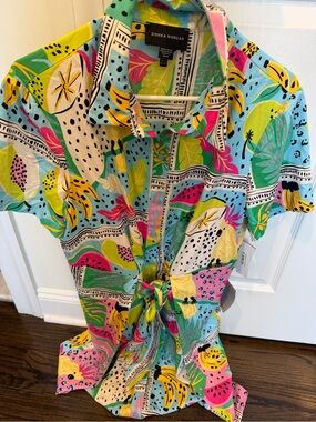 Donna Morgan Tropical Print Button-Front Dress in Aqua, Pink, Yellow, Green